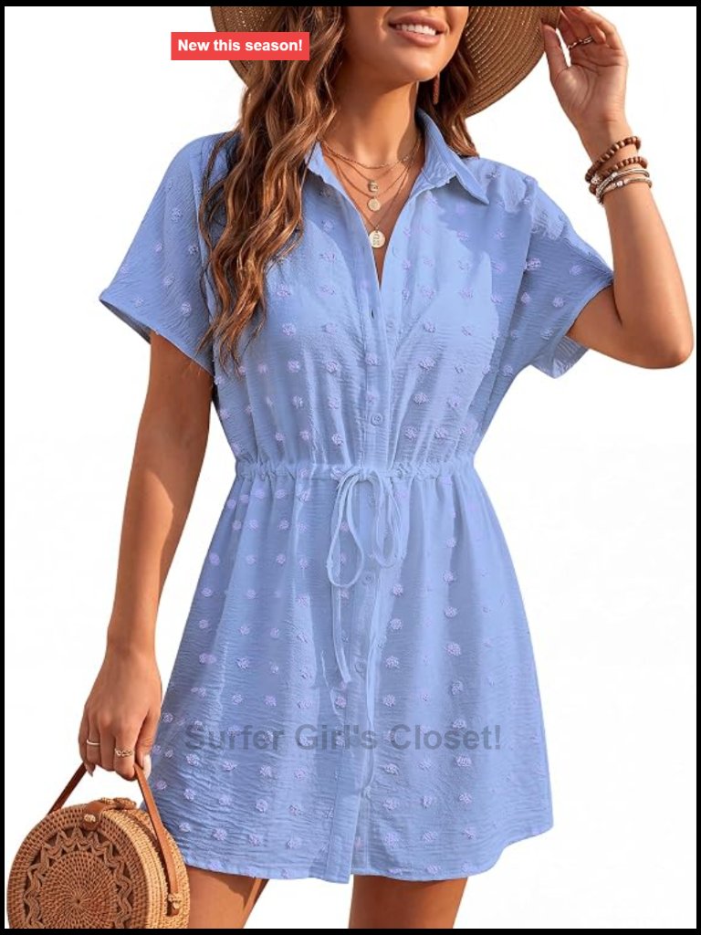 Swiss Dot Button Down Short Sleeve Cover Up Shirt Dress
